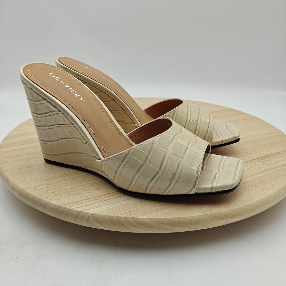 Lisa Vicky Shoes‎ Womens Size 8.5 White Croc Embossed Slide Sandals Wedge New